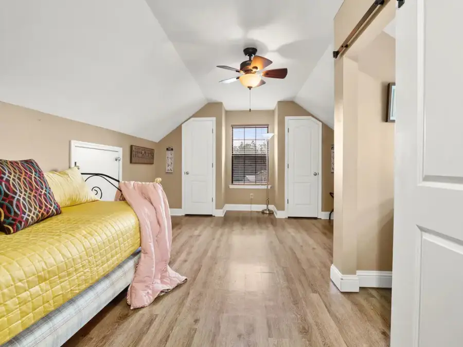 Upstairs is a loft with twin trundle beds